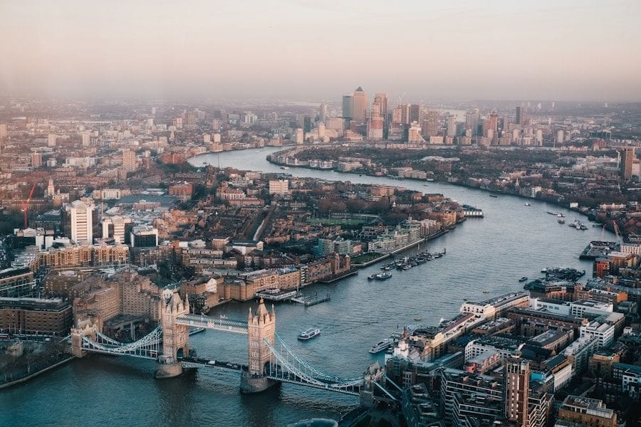 London skyline along the Thames at dusk