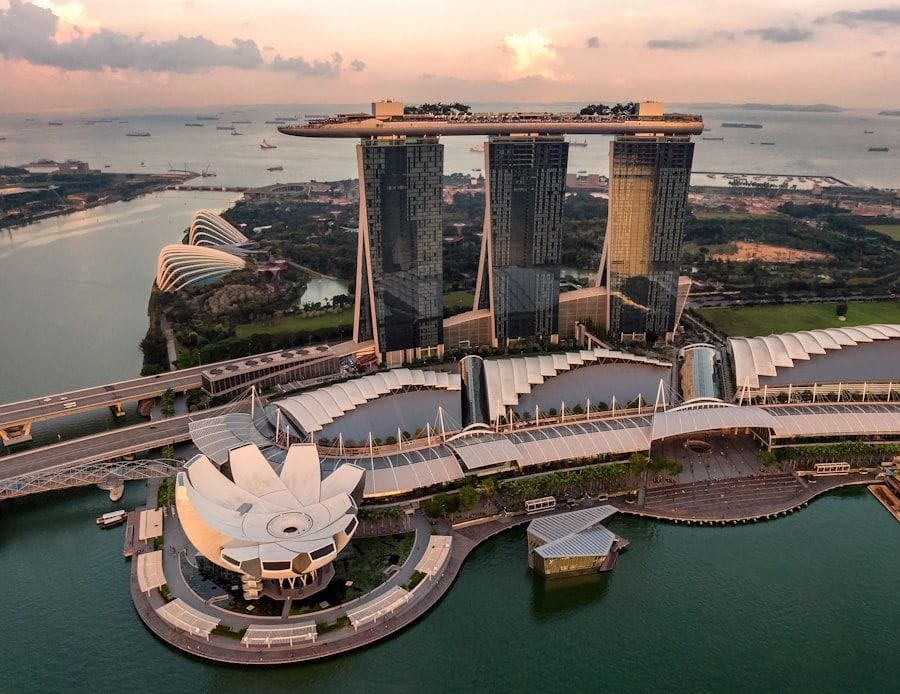 Singapore waterfront skyline reflected in still water