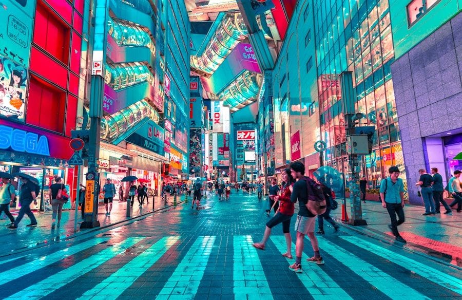 Tokyo street life beneath illuminated signage