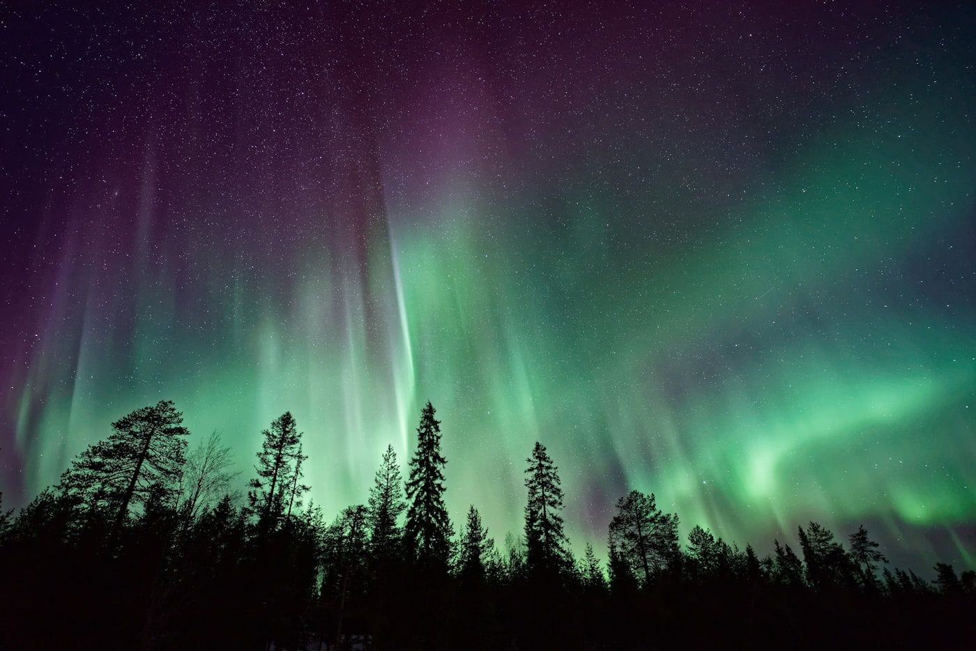 Aurora borealis over a snow-covered northern landscape