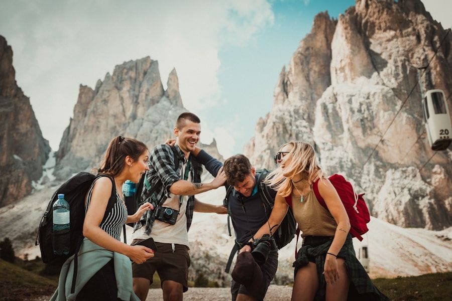 A group of friends laughing together on a road trip